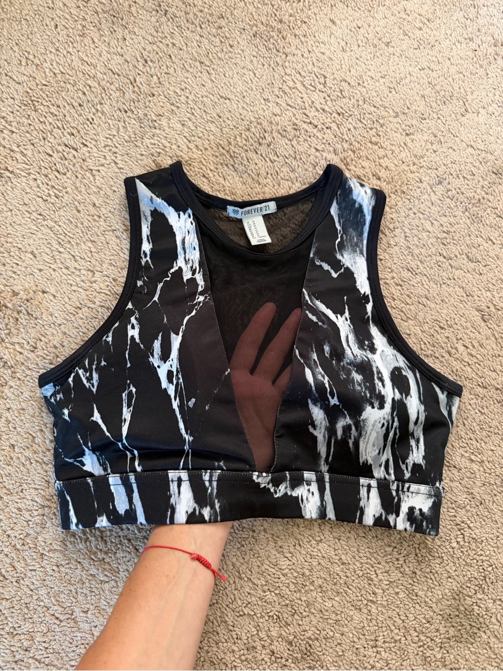 Forever 21 Black and White Marble Mesh-Inset Sports Crop